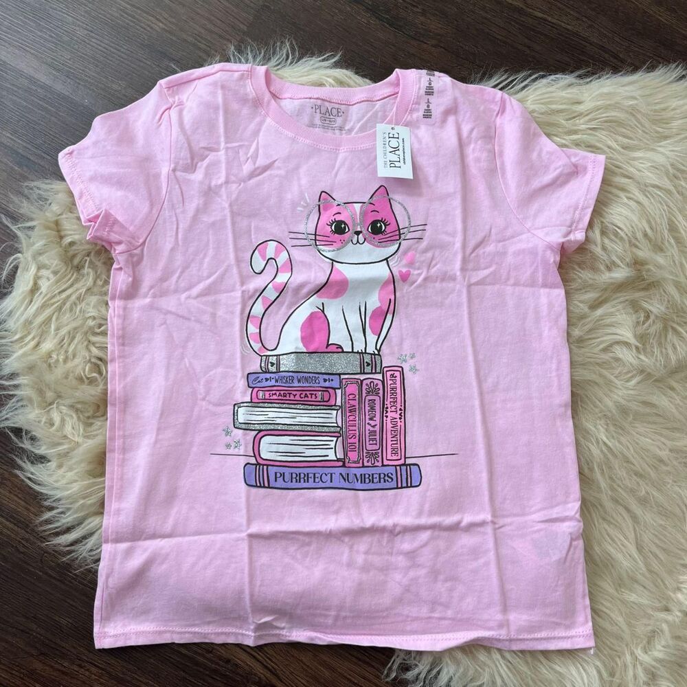 NWT Girls Cat Reading Books Graphic Tee - Pink Size L / 10 / 12